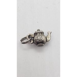 Vintage Teapot Charm Tea Time Pendant Silver Tone Flower Engraving Jewelry Craft